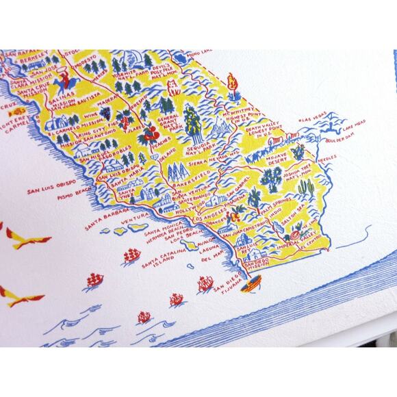 Vintage Country Souvenir Map of California Flour Sack Stretched Frame USA - Picture 3 of 4